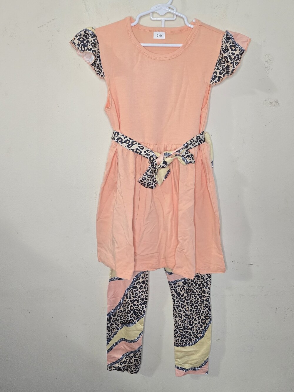 NWT Girls 3 Piece Peach Leopard Dress Leggings Belt Set Size 5-6Y Cotton Animal